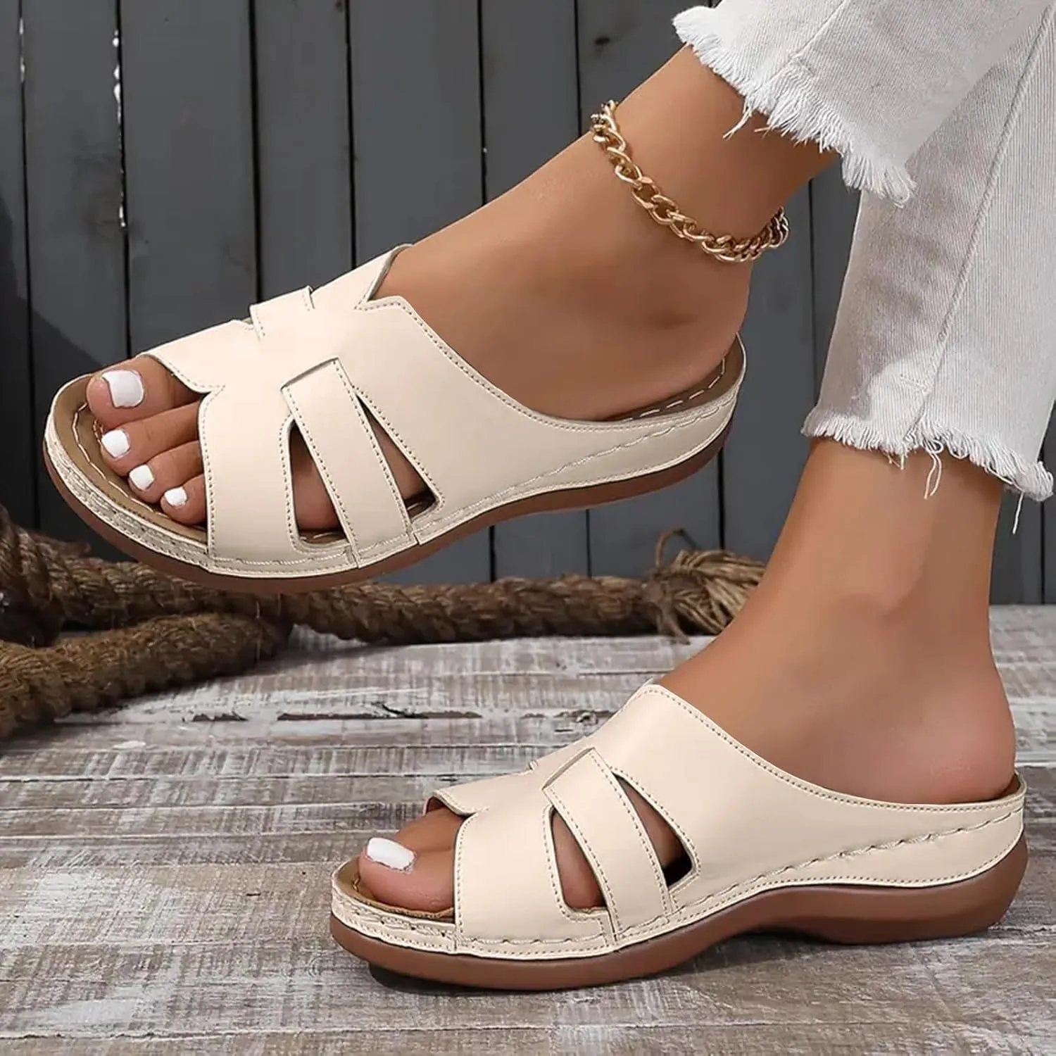 Arch Support Sandals for Women Comfortable Open Toe Low Platform Sandals Dressy Casual Crisscross Straps Slip on Shoes Walking Beach Shoes Indoor Outdoor