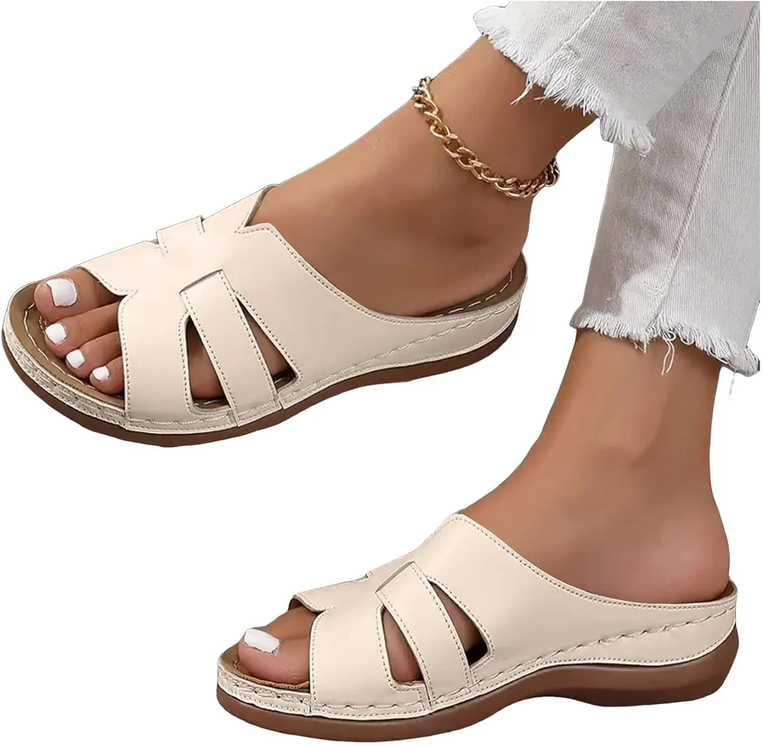 Arch Support Sandals for Women Comfortable Open Toe Low Platform Sandals Dressy Casual Crisscross Straps Slip on Shoes Walking Beach Shoes Indoor Outdoor