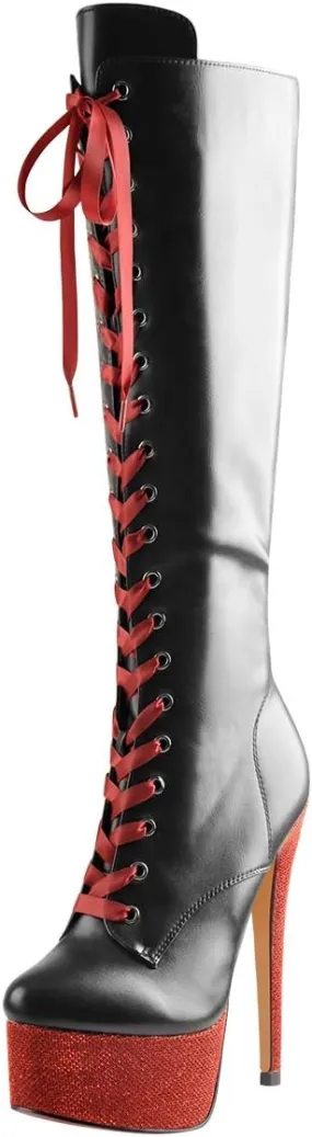 Richealnana Women's Platform Lace Up Stiletto High Heels Knee High Boots
