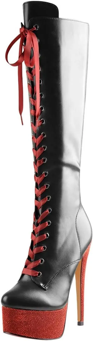 Richealnana Women's Platform Lace Up Stiletto High Heels Knee High Boots