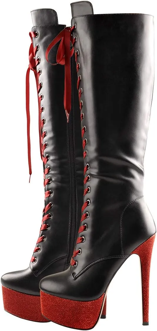 Richealnana Women's Platform Lace Up Stiletto High Heels Knee High Boots