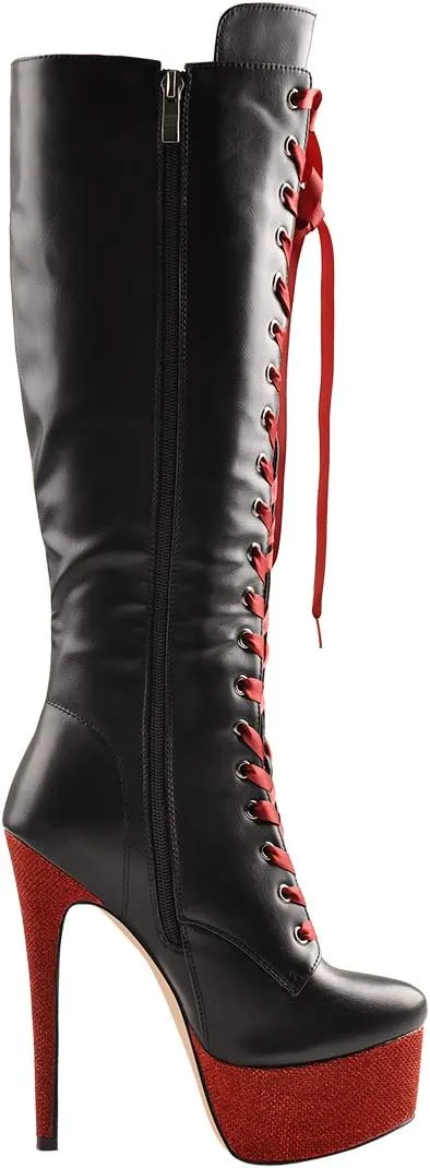 Richealnana Women's Platform Lace Up Stiletto High Heels Knee High Boots