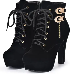 Susanny High Heel Boots for Women,Womens Platform Boot Heels Sexy Round Toe Lace UP High Heels Mid Calf Boots