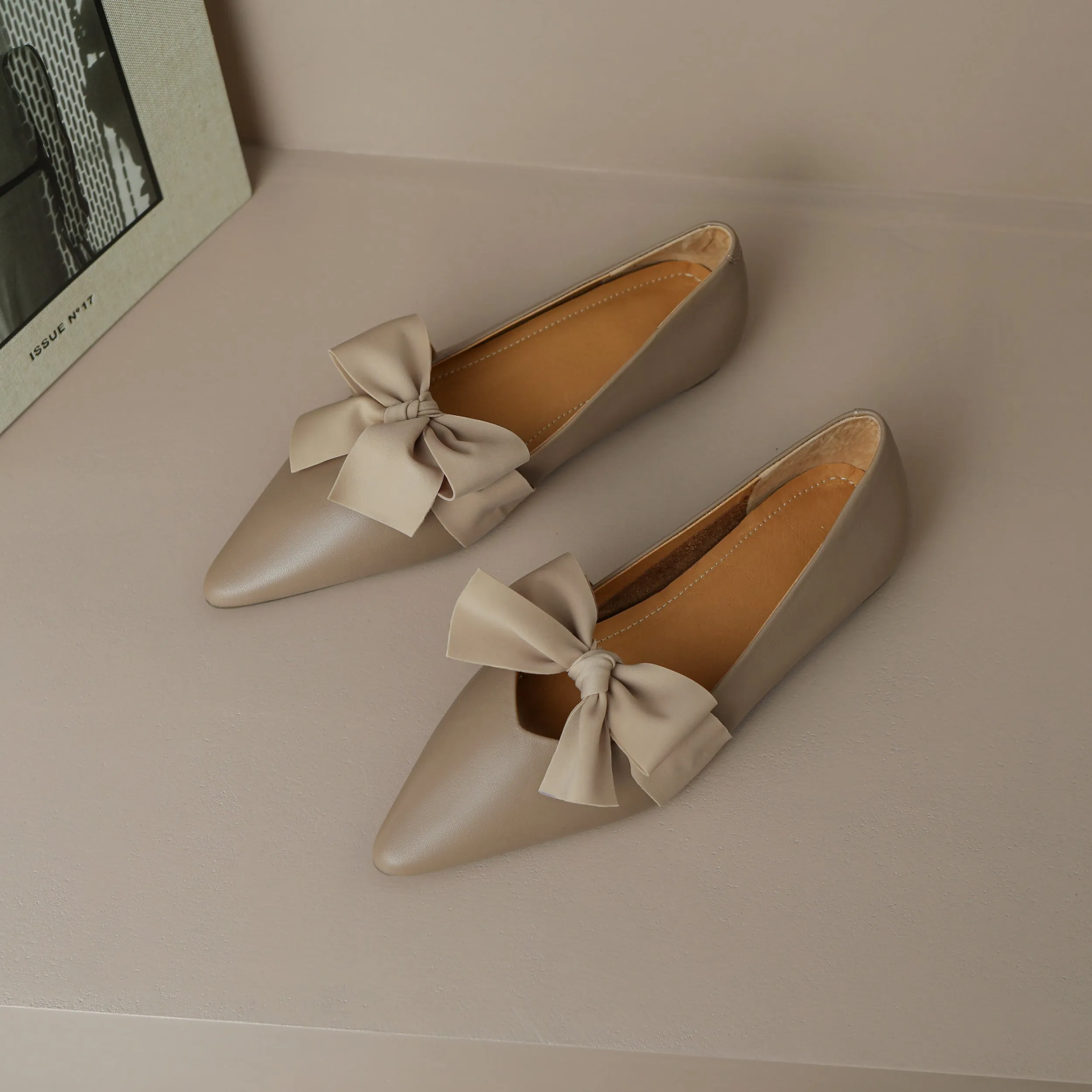 TinaCus Women's Pointed Toe Genuine Leather Handmade Bowknot Cute Flat Shoes