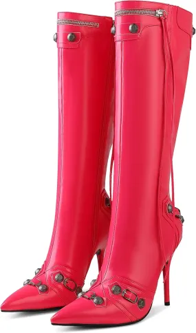 VOMIRA Knee High Boots Sexy Pointed Toe Rivets Tassels Stilettos High Heels Fashion Party Dressy Stripper Heels for Women