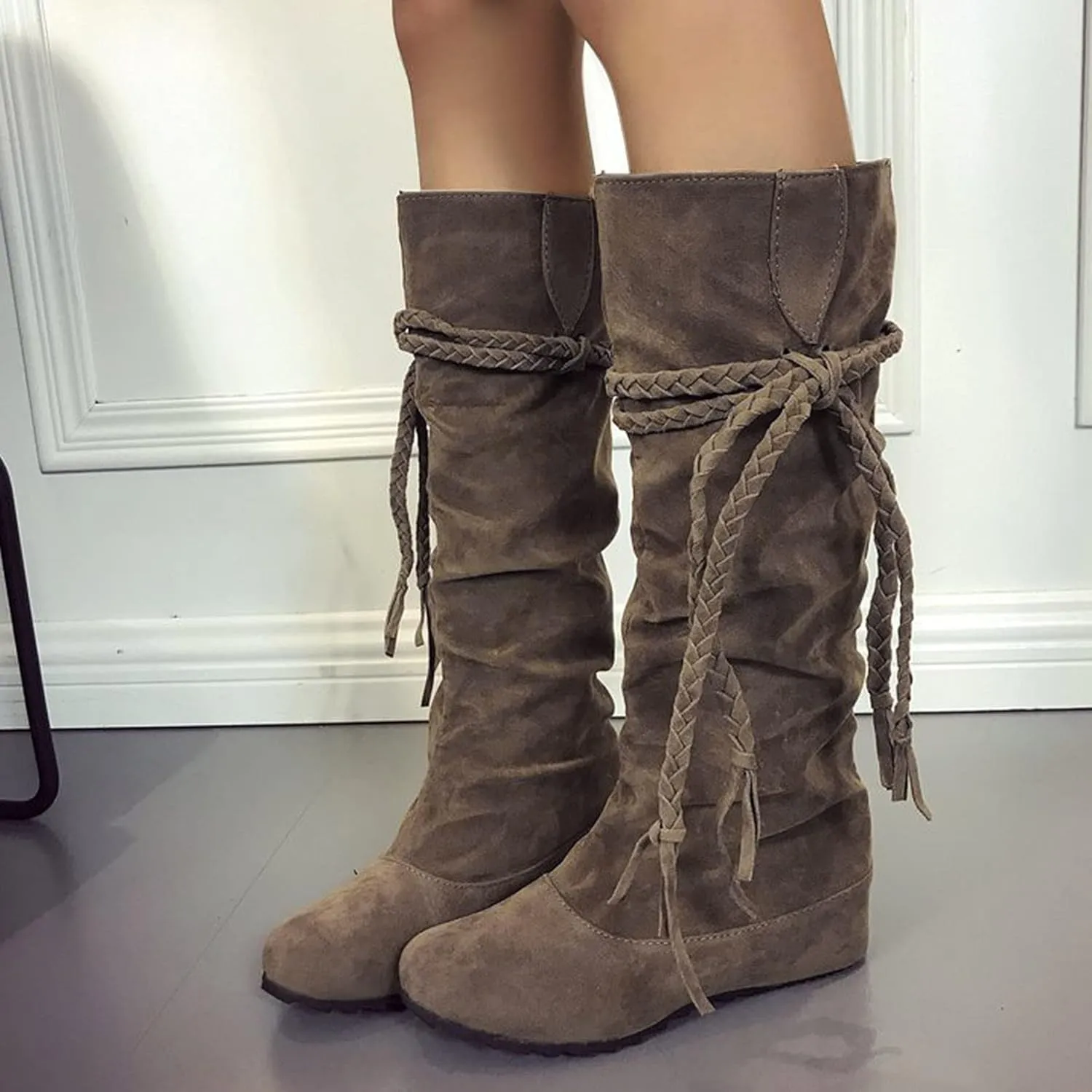 ZBYY Women's Suede Knee Thigh High Winter Boots Pull On Fall Weather Low Hidden Wedge Heel Boots Casual Mid Calf Knee High Boots