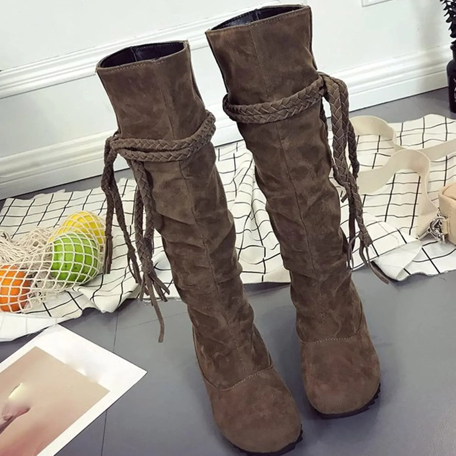 ZBYY Women's Suede Knee Thigh High Winter Boots Pull On Fall Weather Low Hidden Wedge Heel Boots Casual Mid Calf Knee High Boots